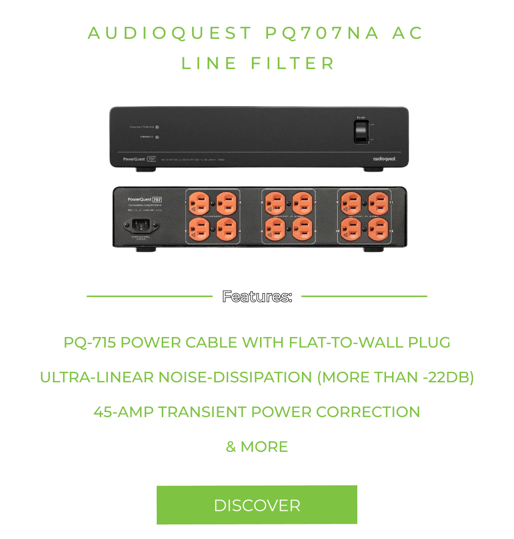 AUDIOQUEST PQ707NA AC LINE FILTER Features: PQ-715 POWER CABLE WITH FLAT-TO-WALL PLUG ULTRA-LINEAR NOISE-DISSIPATION (MORE THAN -22DB) 45-AMP TRANSIENT POWER CORRECTION & MORE